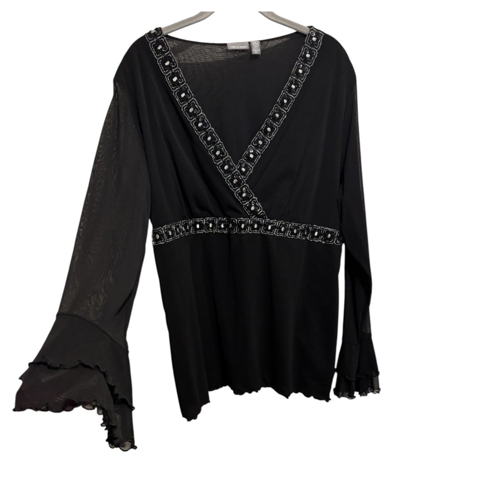 Apt. 9 Woman's 1X Black Whimsigoth Witchy Ruffle Mesh Sheer Sleeves Beaded Top